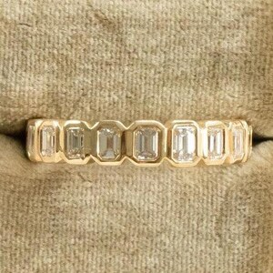 Emerald Cut Moissanite Half Eternity Band, Emerald Diamond Anniversary Band, Bezel Set Promise Band, 14K Gold Stackable Bridesmaid Gift Band