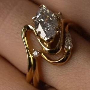 1.50 CT Marquise Cut Moissanite Engagement Ring Set, 14k Solid Gold Marquise Curve Wedding Ring Set, Elongated Marquise Wave Shape Ring Set