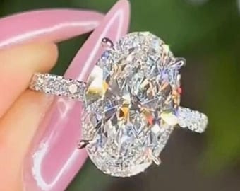 Large 4 Carat Oval Cut Moissanite Engagement Ring With Hidden Halo, Oval With 3/4 Eternity Pave Wedding Band Ring, Big Oval Proposal Gifts