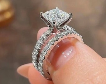 2Ct Colorless Princess Cut Moissanite Bridal Set, Wedding Engagement Ring Set, Pave Ring With Matching Band, Anniversary Ring 925 Silver