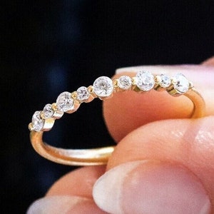Floating Prong Half Eternity Wedding Band, Single Prong Diamond Stacking Band, Solid Gold Minimalist Band, Daily Wear Stacking Bands Gifts