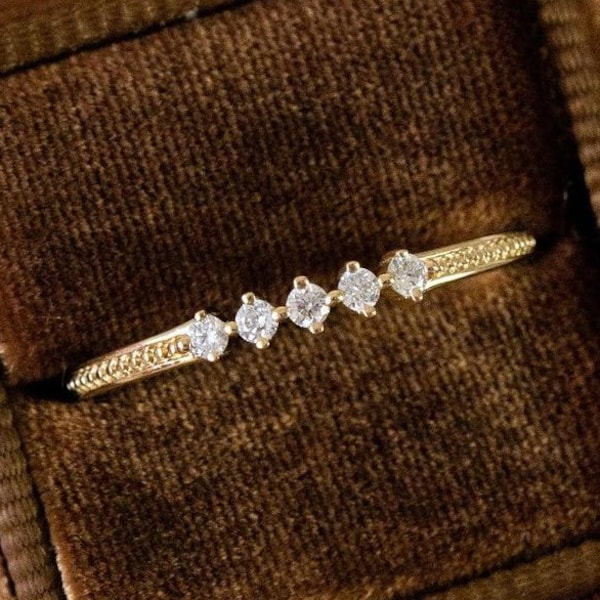 Milgrain Half Eternity Wedding Band, Art Deco Diamond Band, Vintage Moissanite Band, 14K Gold Bridal Matching Band for Wedding Anniversary
