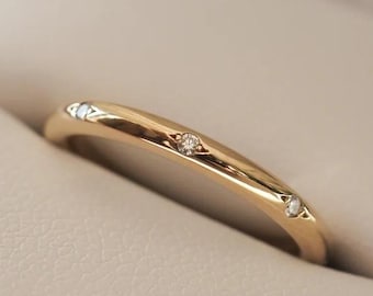 1.30 MM Round Cut Flush Diamond Ring, Flush Set Moissanite Eternity Band, 14K Gold Flush Set Eternity Wedding Band, Dainty Stacking Band