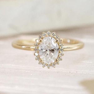 1.30 CT Oval Cut Moissanite Halo Engagement Ring, 14k Solid Gold Oval Cut Halo Wedding Ring, Art Deco Halo Design Anniversary Ring for Women