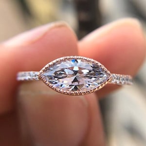 1CT East West Marquise Cut Moissanite Engagement Ring, 14K Gold Milgrain Bezel Stylish Wedding Ring, Vintage Style Filigree Anniversary Ring