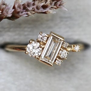 Baguette Cut Cluster Engagement Ring, Asymmetrical Sideways Baguette Stone Ring, Baguette Minimalist Wedding Ring, Simple Stacking Rings Her