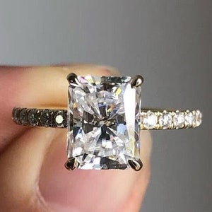 Radiant Cut Hidden Halo Moissanite Engagement Ring, Pave Diamond Wedding Ring, Solid Gold Ring, Hidden Halo Promise Ring, Stacking Ring