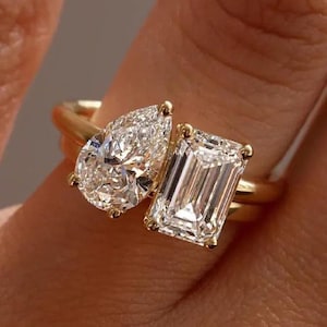 Avlång smaragd- och päronslipad moissanitring med två stenar, 14k massivt guld Toi Et Moi-ring, Du och jag vigselring, jubileumssmycken