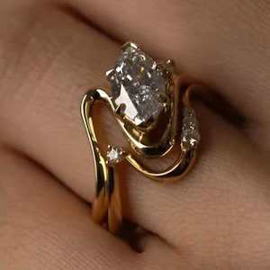 1.50 CT Marquise Cut Moissanite Engagement Ring Set, 14k Solid Gold Marquise Curve Wedding Ring Set, Elongated Marquise Wave Shape Ring Set