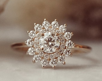 Runder Moissanite Blumen Doppel Halo Verlobungsring, Starburst Runde Vintage Halo Ring, Art Deco Blumen Ehering, Jubiläumsring