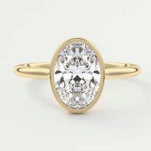 2 CT Oval Cut Lünette Set Moissanite Verlobungsring, 14 Karat Massivgold Lünette Set Oval Solitaire Ring, Oval Milgrain Ehering Geschenke für Frauen