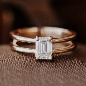 1 CT Emerald Cut Moissanite Engagement Ring, 14k Solid Gold Emerald Cut Solitaire Wedding Ring, Unique Emerald Double Band Minimalist Rings