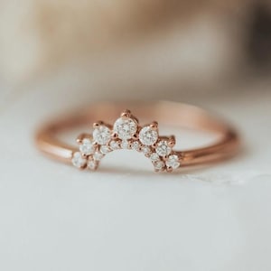 Curved Moissanite Wedding Band, Thin Moissanite Band, Stackable Ring, Solid Gold Band, Matching Band Nesting Ring, Asymmetrical Curved Ring