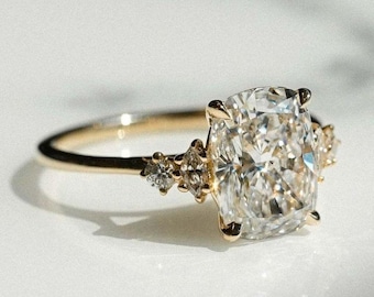 3 CT Elongated Cushion Cut Moissanite Engagement Ring, 14k Solid Gold Five Stone Wedding Ring, Ice Crushed Cushion Promise Proposal Ring Her