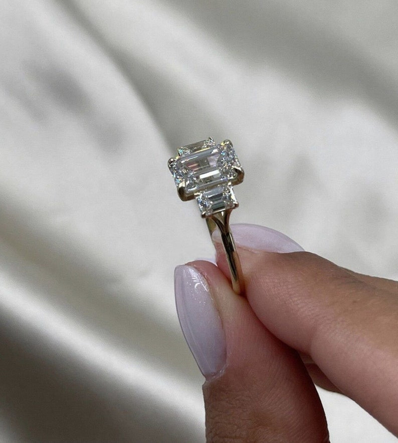 Emerald Cut Moissanite Three Stone Engagement Rings, Three Stone Emerald Cut Rings, 3 Stone Wedding Rings, Anniversary Rings Gifts for Wife image 6