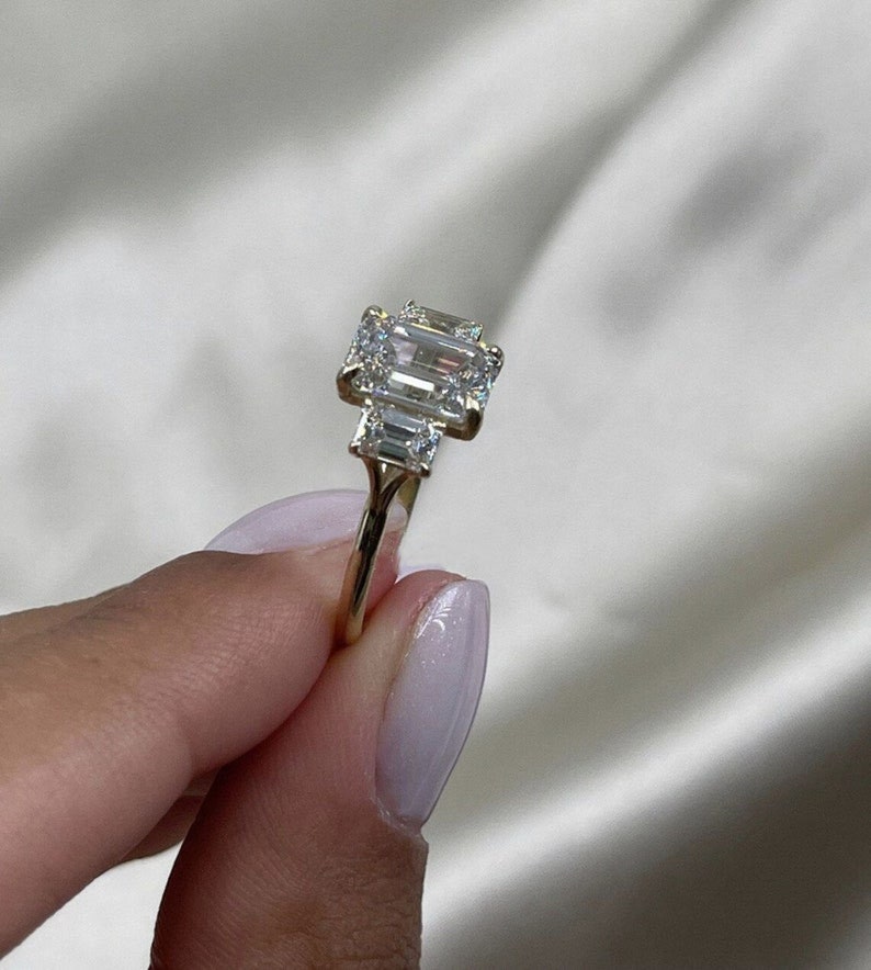 Emerald Cut Moissanite Three Stone Engagement Rings, Three Stone Emerald Cut Rings, 3 Stone Wedding Rings, Anniversary Rings Gifts for Wife image 5