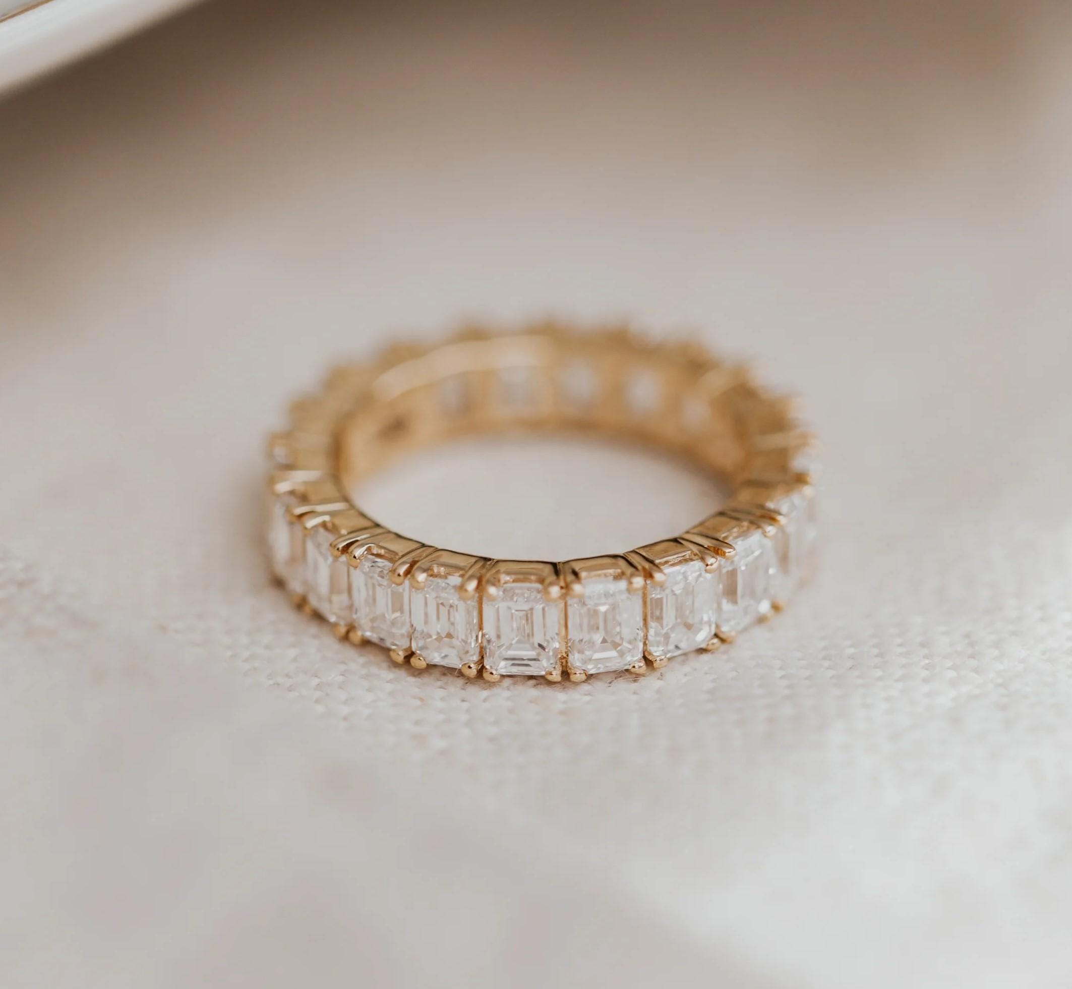 Emerald Cut Moissanite Full Eternity Band, Simulant Diamond Wedding Band, Flowless Emerald 14K Gold Stackable Eternity Ring, Matching Band