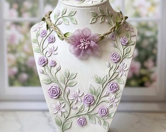 Mauve Organza Flower Choker - 12.5" Braided Vine Necklace with 3" Extender - Spring Botanical Floral Jewelry - Green Leaf Garden Choker