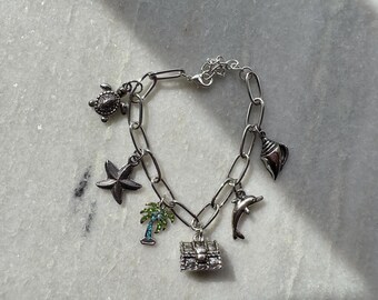 Beach Charm Bracelet: Stainless Steel Paperclip Chain, Ocean Theme