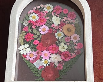 Arched wooden floral frame | Assorted red flowers | Preserved pressed flowers | Floating glass frame | Red bouquet | Large Wall frame 12x9