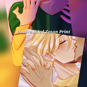 May include: Double-sided Zosan print featuring an illustration of two figures embracing. The artwork has a soft color palette with warm tones and highlights. The text "Double-Sided Zosan Print" is displayed in a yellow banner.