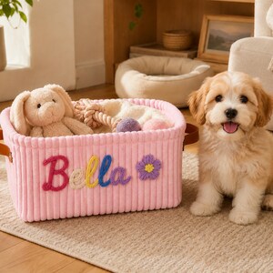 Personalized Dog Toy Storage Basket, Custom Pet Name Basket, New Puppy Welcome Gift, Gotcha Day Present, Collapsible Dog Organizer Bin