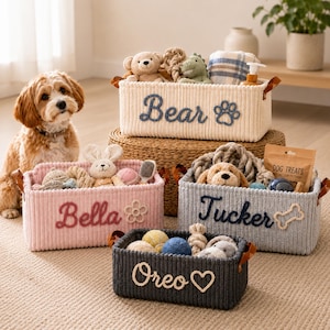 Customized Dog Toy Bin with Name, Fabric Pet Toy Storage Box, Personalized Pet Leash Holder Basket, Minimalist Home Dog Decor Basket