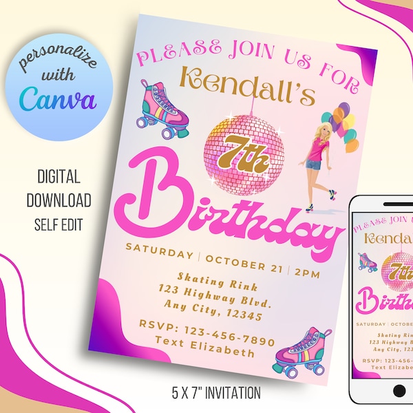 Skating Birthday Party Invitation | Retro 80s Design | Editable Template | Instant Download | Printable | Roller Rink | Disco Ball