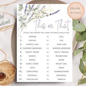 Könnte beinhalten: Ein druckbares "Das oder Das"-Spiel mit einem floralen Design in Lila- und Gelbtönen. Das Spiel stellt 12 Fragen zu den Vorlieben der Braut, wie z. B. "Frühling oder Herbst?" und "Kaffee oder Tee?"