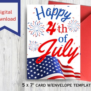4th of July Greeting Card | Independence Day Card | Printable July 4th Greeting | Instant Download | Blank Card | Fireworks | American Flag