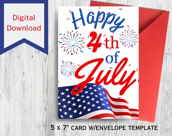 4th of July Greeting Card | Independence Day Card | Printable July 4th Greeting | Instant Download | Blank Card | Fireworks | American Flag