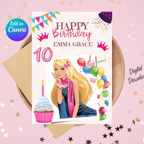 Glam Girl Birthday Card | Personalized Birthday Greeting | Editable Canva Template | Digital Download | Glamour Fashion Doll | Blank Card