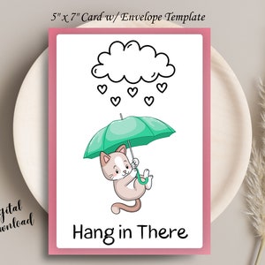 Accrochez-vous là carte de voeux | Guérir bientôt | Récupération de la chirurgie | Imprimable à téléchargement immédiat | Je pense à vous | Amoureux des chats | Parapluie