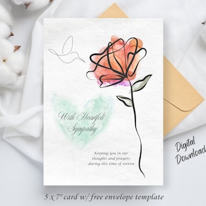 carte de sympathie | Je pense à vous | Coeur et fleur aquarelle peints à la main | Imprimable à téléchargement immédiat | Carte vierge | Colibri