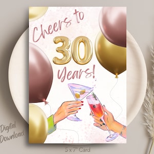 Biglietto d'auguri per 30° compleanno stampabile/Biglietto d'auguri per 30 anni/Download istantaneo/Biglietto vuoto/Modello di busta gratuito/Palloncini/Cocktail