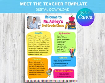 May include: A digital download template titled "Meet the Teacher" with the text "Welcome to Ms. Ashley's 3rd Grade Class." The design includes an image of a teacher, an apple, pencils, and colorful text boxes with information.