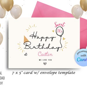 Sechs Geburtstagskarte | Bearbeitbare Canva Vorlage | Druckbare Sofort-Download | Name Personalisierung | Selbst bearbeiten | Mädchen 16 Geburtstag