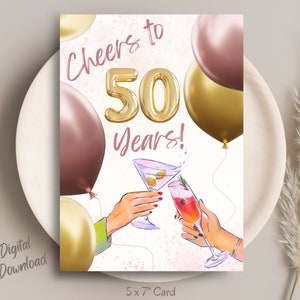 Afdrukbare 50e verjaardagskaart | 50 jaar verjaardagskaart | Direct downloaden | Blanco kaart | Gratis envelopsjabloon | Ballonnen | Cocktails