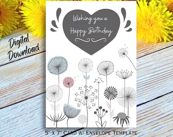 Happy Birthday Greeting Card | Printable Birthday Card | Wishing You a Happy Birthday | Digital Birthday Card with Dandelions | Blank Card