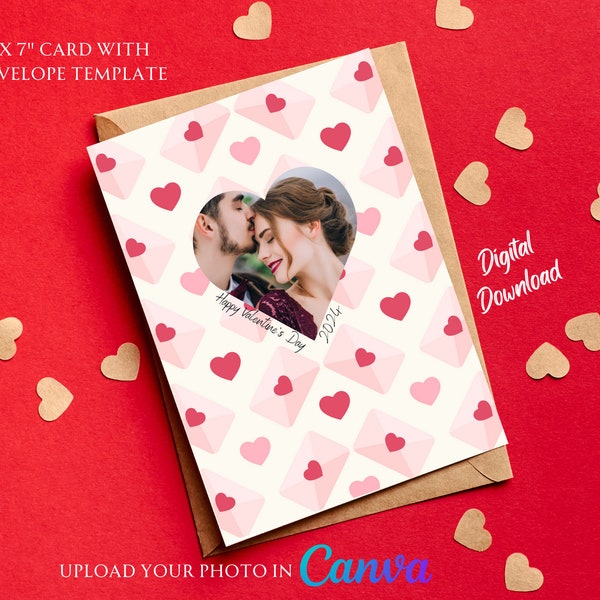 Valentine's Day Photo Card | Canva Photo Card Template | Printable Valentine Greeting | Digital Download | Photo Upload | Red & Pink Hearts