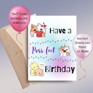 Cartão de aniversário do gato | cartão de aniversário das crianças | Download digital | Cartão engraçado do gato | Cartão em branco | Gatinhos | Patas