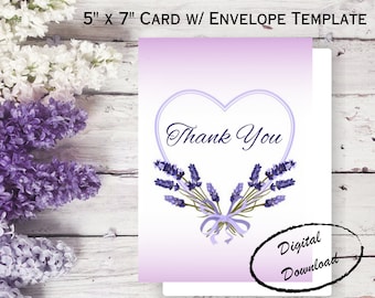 Thank You Greeting Card | Printable Card | Instant Download | Blank Card | Envelope Template Included | Heart | Lavender Flowers