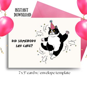 Carte d'anniversaire drôle de chat | Salutation de chat smoking | Humour drôle de chaton | Téléchargement numérique | Carte imprimable |  Blanc à l'intérieur | Modèle d'enveloppe