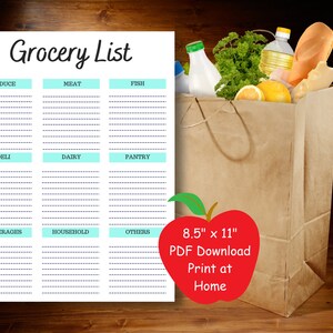 May include: Printable grocery list template with categories for produce, meat, fish, deli, dairy, pantry, beverages, household, and others. The template is 8.5 inches by 11 inches and can be downloaded as a PDF.