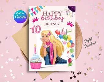 Glam Girl Birthday Card | Personalized Birthday Greeting | Editable Canva Template | Digital Download | Glamour Fashion Doll | Blank Card