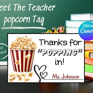 Back-to-School Open House Popcorn Tag | Meet the Teacher | Self Edit | Printable Canva Template | Instant Download | Open House Thank you
