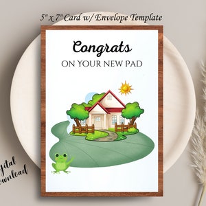 Inwijdingsfeestwenskaart | Gefeliciteerd met je nieuwe pad | Goede wensen voor een nieuw huis | Afdrukbare directe download | Blanco kaart | Lelieblad | Kikker: