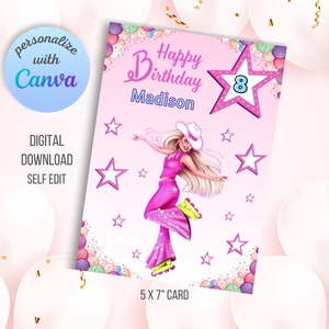 Tarjeta de cumpleaños Glam Girl / Saludo de cumpleaños personalizado / Plantilla Canva editable / Descarga digital / Muñeca de moda patinadora / Vaquera