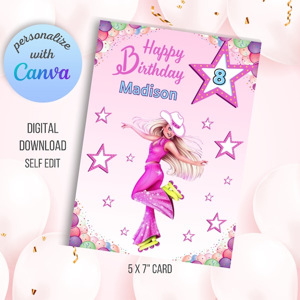 Glam Girl Birthday Card | Personalized Birthday Greeting | Editable Canva Template | Digital Download | Skating Fashion Doll | Cowgirl