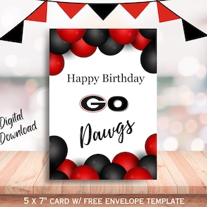 Georgia Bulldogs Geburtstagskarte | UGA Fußball | Druckbare Sofort-Download | Leere Karte | Georgien Fans | Rot und Schwarz | Los Dawgs